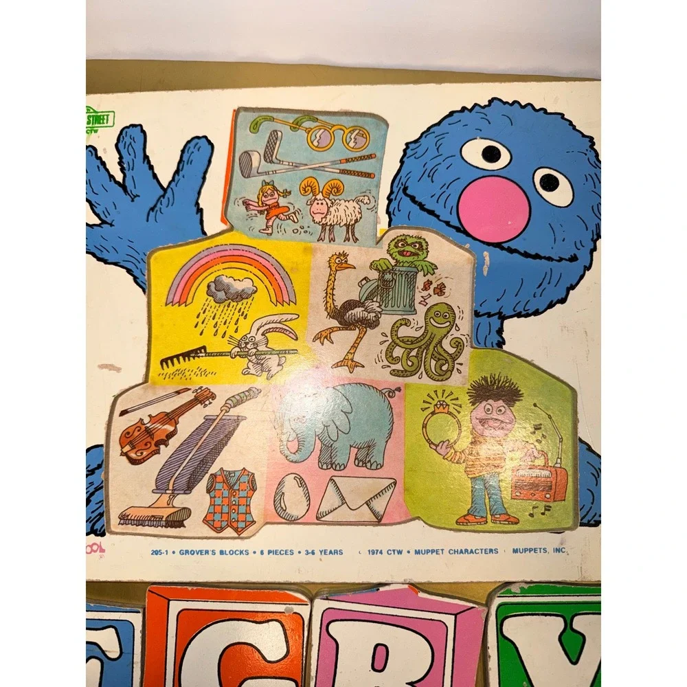 Vintage 1974 Playskool Sesame Street Grovers Blocks Wood Tray Puzzle 205‎